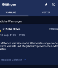 Bildschirmfoto der DWD-Warnapp vom 12-8-25 mit einer Hitzewarnung der Stufe 1 für Mittwoch 13-8-25 in der Zeit von 11-19 Uhr