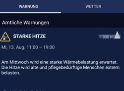 Bildschirmfoto der DWD-Warnapp vom 12-8-25 mit einer Hitzewarnung der Stufe 1 für Mittwoch 13-8-25 in der Zeit von 11-19 Uhr