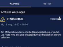 Bildschirmfoto der DWD-Warnapp vom 12-8-25 mit einer Hitzewarnung der Stufe 1 für Mittwoch 13-8-25 in der Zeit von 11-19 Uhr